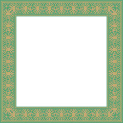 Vector square European gold with green ornament. Rectangular pattern, circle, ring of the Middle Ages. Revival border. Decorations of palaces and churches