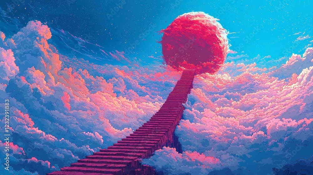 Poster celestial ascent, a mesmerizing pixel art creation featuring a stairway ascending into the cosmos, g