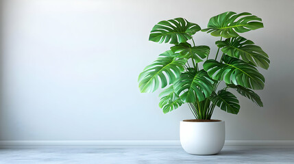 Obraz premium A Large Green Plant Sits in a White Pot Against a Light Gray Wall Peacefully and Elegantly.