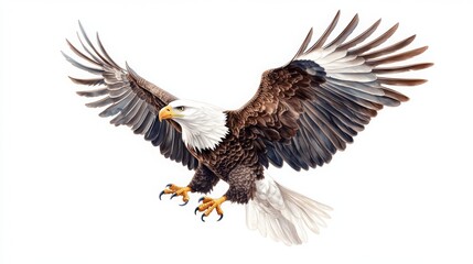 Fototapeta premium A majestic eagle soars with its wings spread wide, showcasing its powerful presence and intricate feather details against a plain background, Independence Day concepts.