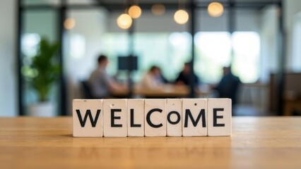 A ‘welcome’ sign on a desk symbolises a friendly onboarding process in a modern office