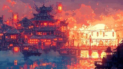 Fototapeta premium Lantern City Spirits, a pixel art scene depicting a vibrant city illuminated by softly glowing lanterns, where ethereal spirits congregate under the night sky.