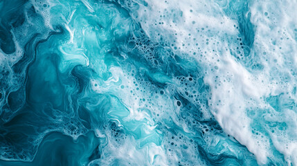 Obraz premium Abstract Teal and White Swirling Fluid Acrylic Paint Texture Art Blue Foam Color Green Ocean Water 