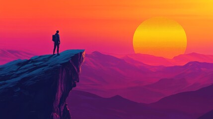 Fototapeta premium A hiker standing on a cliff with a surreal, glowing sunset in the background. 