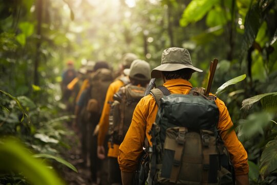 A guide leading a group of tourists through a dense jungle, equipped with a map and survival tools