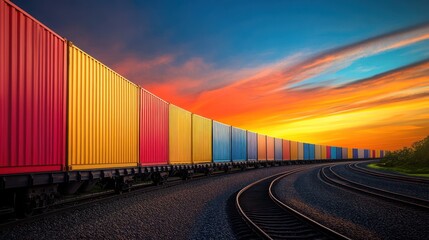Fototapeta premium Vibrant Cargo Train at Sunset: A Colorful Symphony of Global Trade