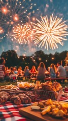 A festive outdoor gathering features a table of delicious food, surrounded by friends, as colorful fireworks light up the night sky, Independence Day concepts.