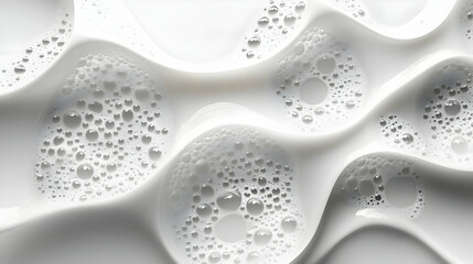 White Liquid Forms with Foam Bubbles and Droplets Texture Abstract Background.