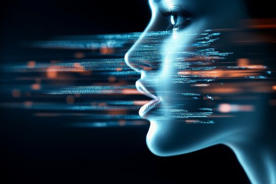 A hyper-realistic close-up of a person lips speaking, with fine details of their expression and a dynamic background of blurred motion to imply energy and influence