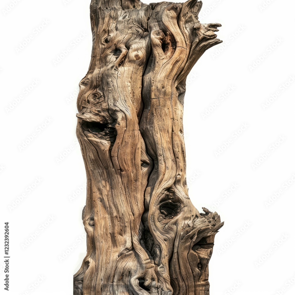 Poster close up of a weathered tree trunk showcasing intricate textures and patterns, isolated on a white b