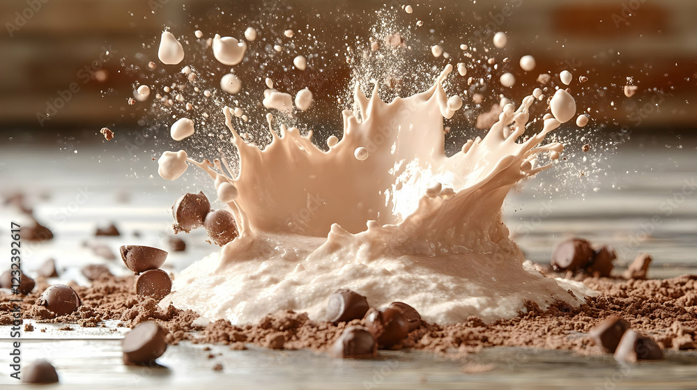 Poster creamy chocolate splash explodes with cocoa powder and chocolate chips dynamically