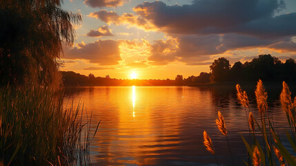 Obraz premium Golden Sunset Reflects on Calm Lake Water with Silhouetted Trees and Reeds Beautifully