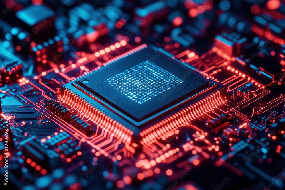 Aufkleber close-up image of circuit board with microchip and neon lights
