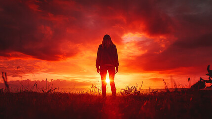 Obraz premium Silhouette Woman Sunset Dramatic Fiery Sky Nature Landscape Photography Red Orange Colors girl view