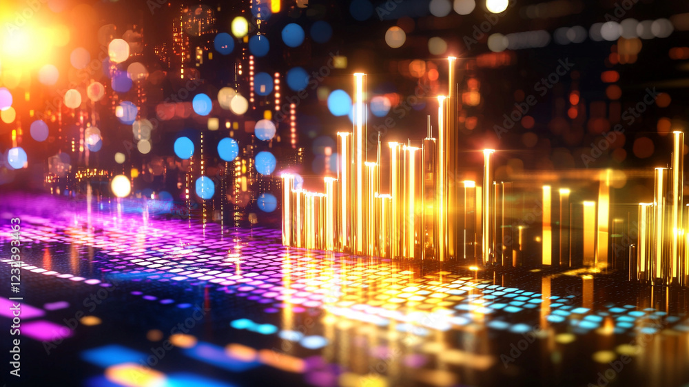 Poster vibrant abstract digital visualization of soundwaves and glowing light elements, creating a dynamic 