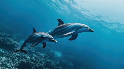 Fototapeta premium A dolphin and baby calf swimming side by side in a peaceful ocean scene