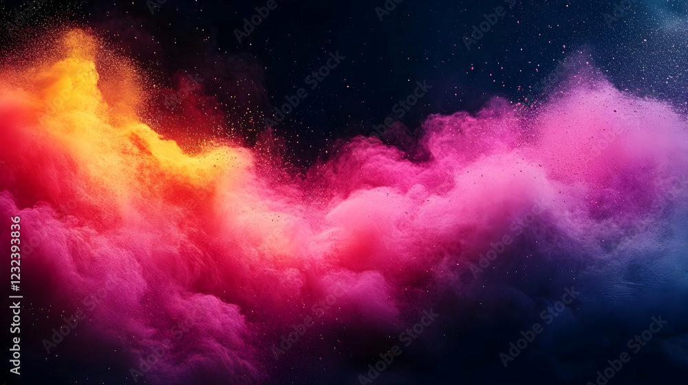 Poster colorful smoke explodes dynamically against a dark background with particles