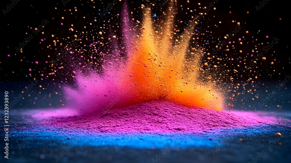 Poster Colorful powder explodes against a black backdrop, creating a vibrant and dynamic abstract image.