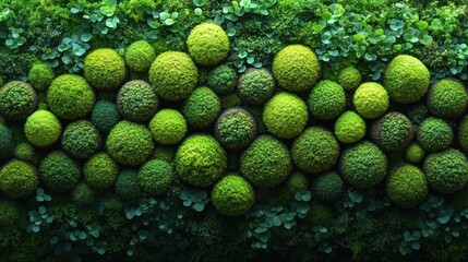 Green moss balls wall, indoor garden, nature texture background, eco design