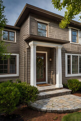 Obraz premium Elegant Brown House Exterior with Stone Pathway and Landscaping. A stunning architectural design featuring a charming porch and beautiful landscaping.