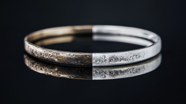 A before-and-after view of a tarnished vs. polished silver bracelet.