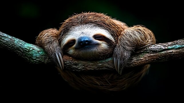 Sloth sleeping on branch, rainforest background, wildlife photography, nature conservation