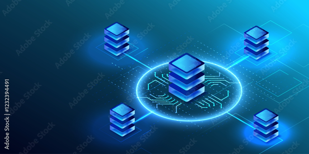 Poster ai servers. data center server industry on circuit board. work innovation. digital ai center network