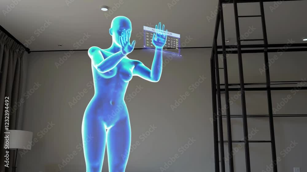 Poster Experience a futuristic hologram in a modern living room setting with hi-tech design and vibrant visuals