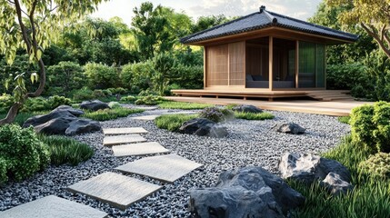 A Zen rock garden with a traditional Japanese tea house in the background.