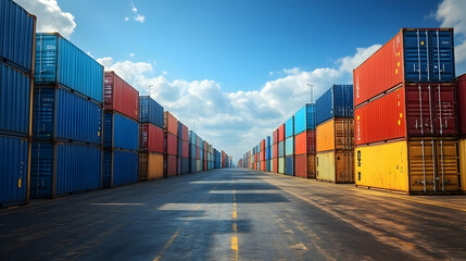 Colorful Cargo Containers Stand Tall at a Port Under a Blue Sky, Ready for Global Trade and Logistics Efficiency.
