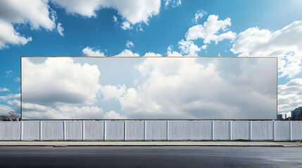 Obraz premium Blank Billboard with Cloudy Sky Background Stands Tall Behind a White Fence Along a City Street