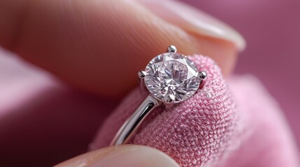 A jeweler carefully polishing a diamond ring with a microfiber cloth.