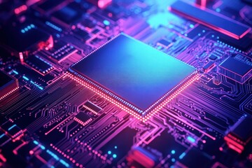 Obraz premium Futuristic Digital Circuit Board with Neon Lights and Microchip