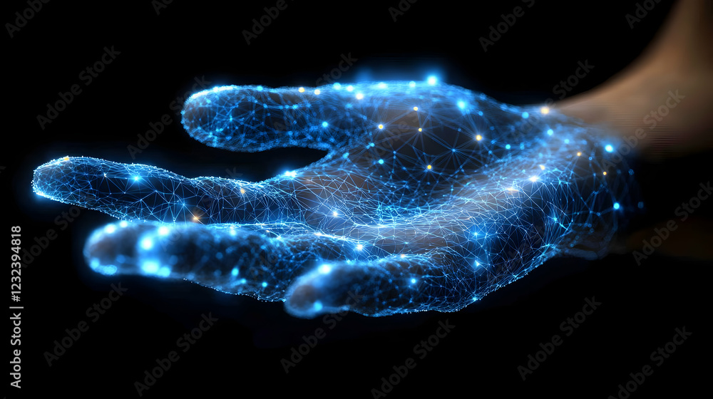 Poster 3d rendered abstract hand with glowing network of nodes and connections on a dark background