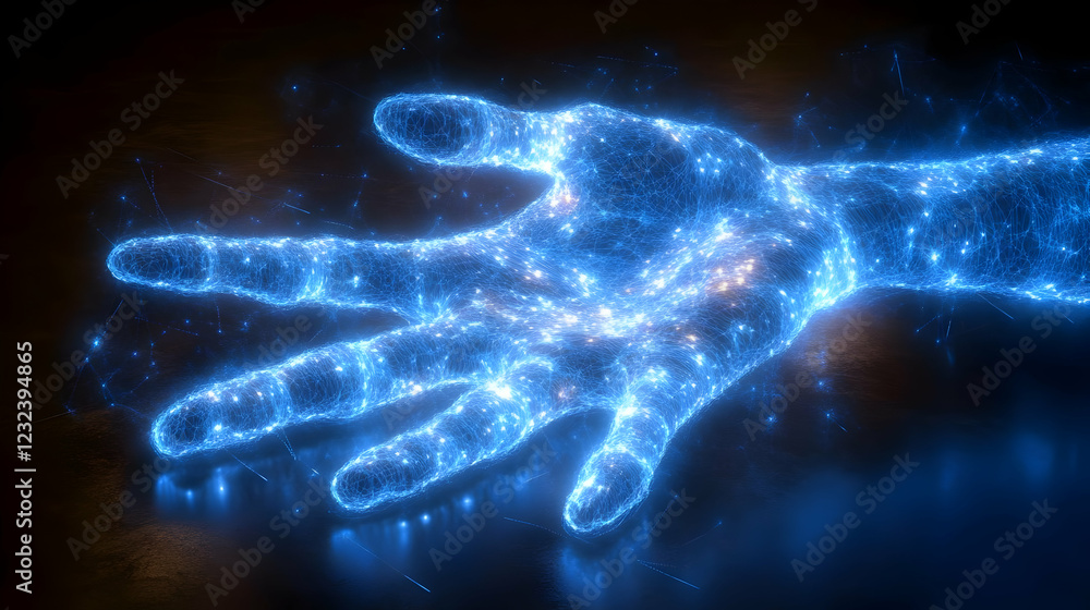 Poster glowing blue plexus hand reaches out in a dark space with sparkling particles.