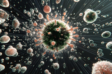 Close-up image of the coronavirus 2019-nCoV cells on a dark background, showcasing the virus structure and highlighting the microscopic details