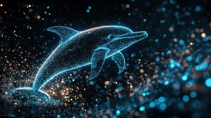 Fototapeta premium A futuristic rendering of a neon dolphin made of water particles against a dark background