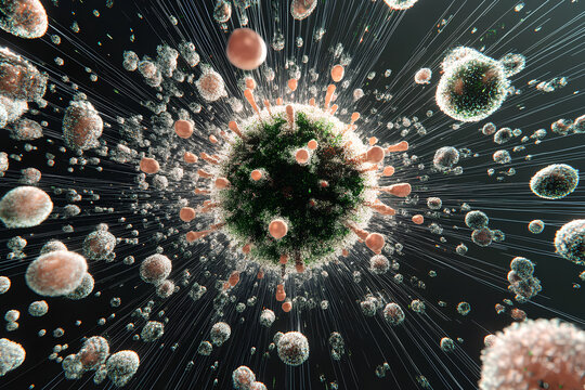 Close-up image of the coronavirus 2019-nCoV cells on a dark background, showcasing the virus structure and highlighting the microscopic details