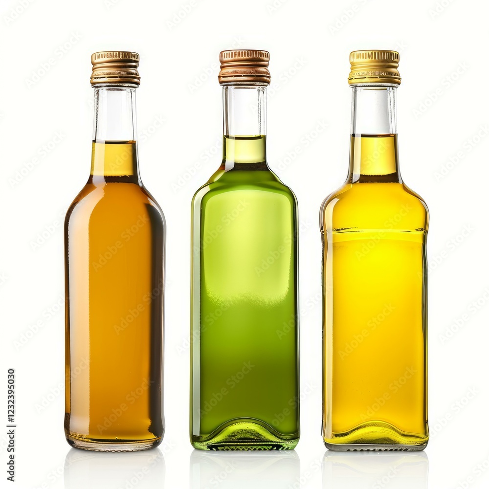Poster three bottles containing different oils, creating a colorful and visually appealing arrangement