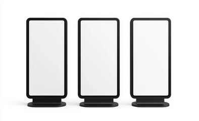 Three blank vertical digital signage displays isolated on white background.
