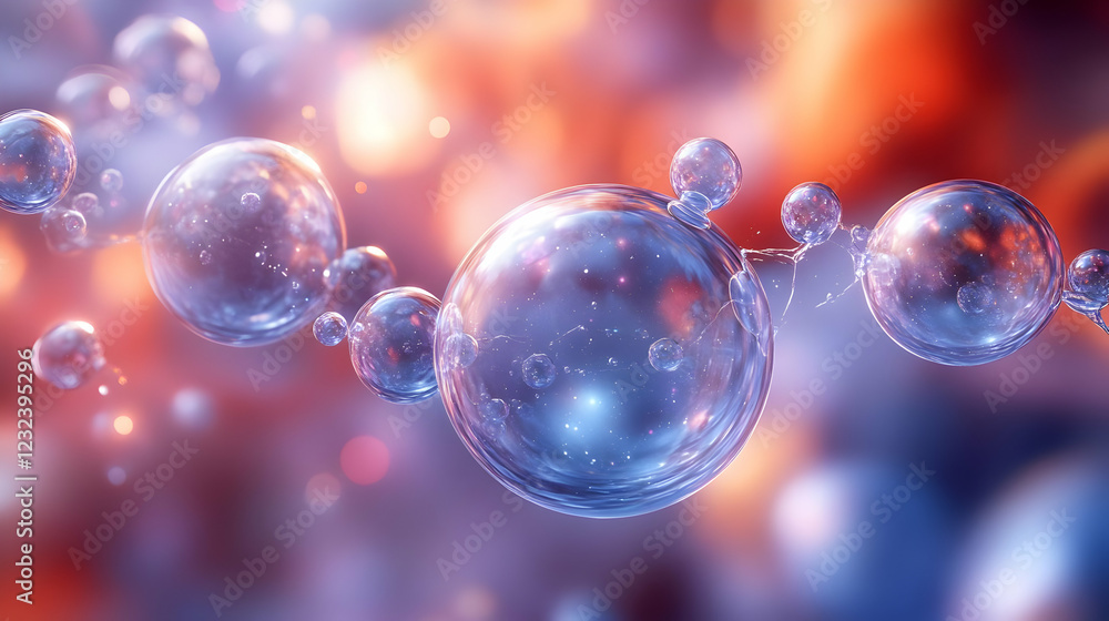 Poster transparent bubbles connected and floating with colorful background abstract 3d render illustration.