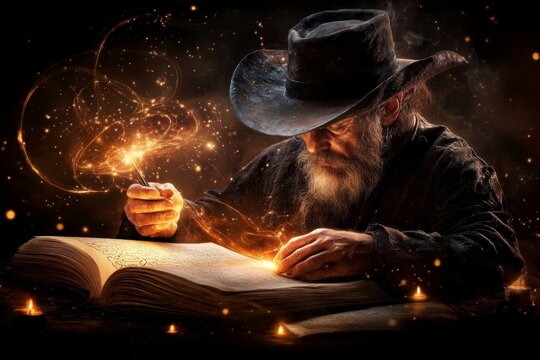 A magical scribe writing spells on an ancient scroll in a candlelit library, with glowing runes forming above the parchment
