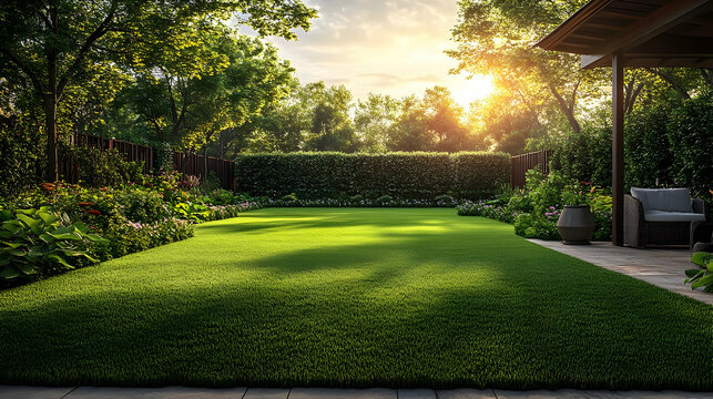 Lush Green Backyard Garden with Trees, Patio, and Sunset Glow in the Evening