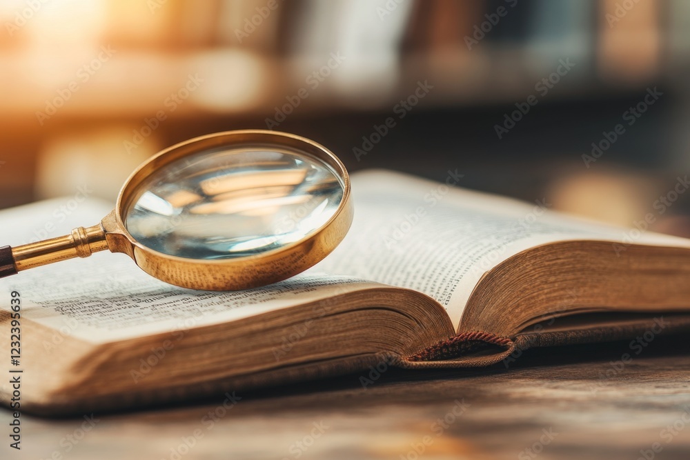 Poster A magnifying glass highlighting a specific paragraph in an open book, with everything else slightly out of focus