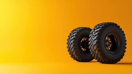 Naklejka premium A heavy-duty truck wheel with thick rubber treads sitting on an orange background