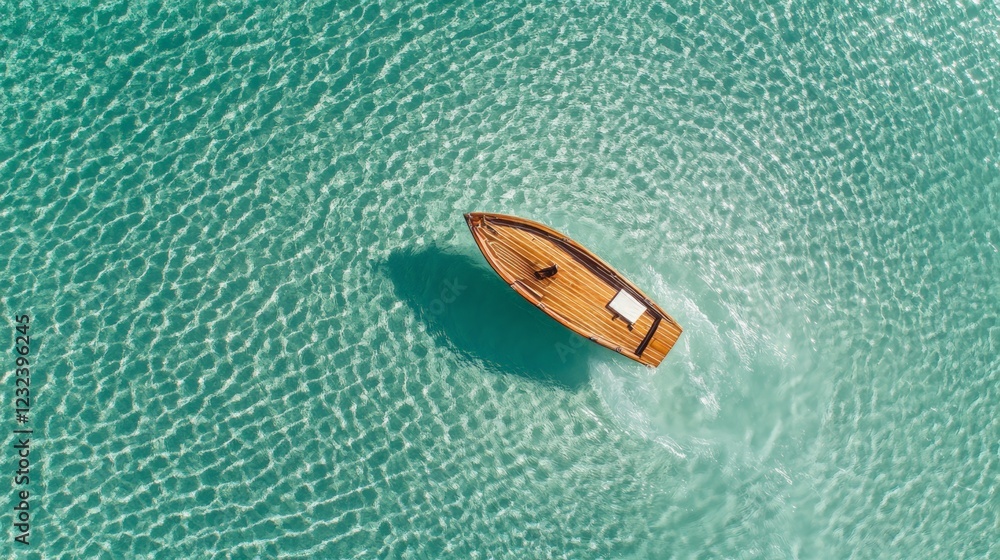 Poster breathtaking aerial view of a small wooden boat gracefully sailing on crystal clear turquoise water,