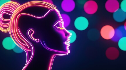 Obraz premium A vibrant neon profile of a woman against a backdrop of colorful bokeh lights, evoking a modern and artistic aesthetic.