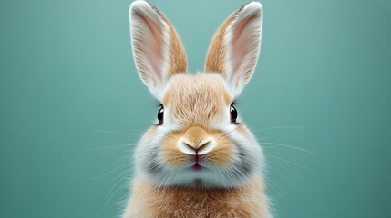 Obraz premium Adorable Rabbit Poses with Curious Gaze on Teal Backdrop