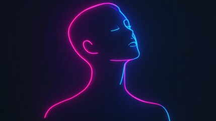 A neon outline of a human figure against a dark background, showcasing a serene expression with vibrant pink and blue colors.