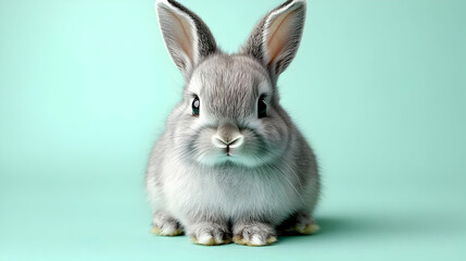 Obraz premium A Fluffy Gray Bunny Sits Calmly on a Teal Background